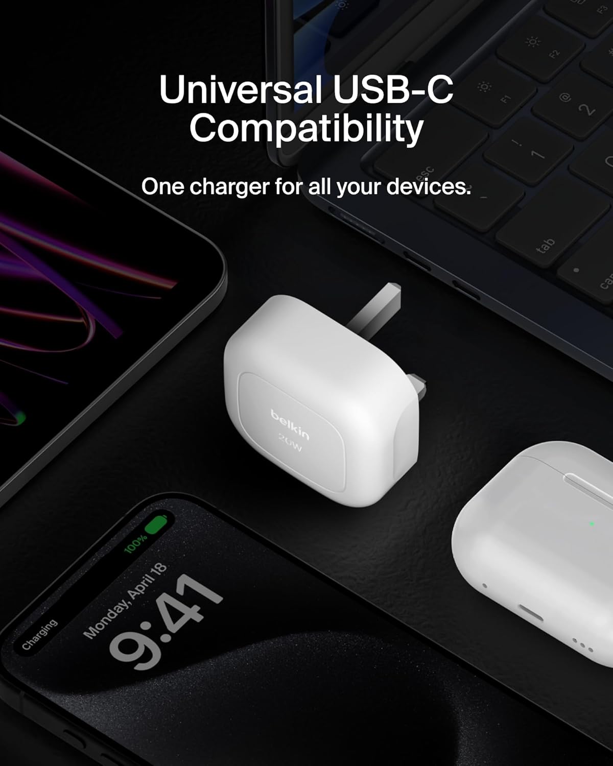 Belkin BoostCharge 20W Cubic Wall Charger, USB-C Power Delivery Fast Charging for Apple iPhone 16, 16 Plus, 16 Pro, 16 Pro Max, 15, 15 Pro, 15 Pro Max, Samsung Galaxy S24, iPad, AirPods & More - White