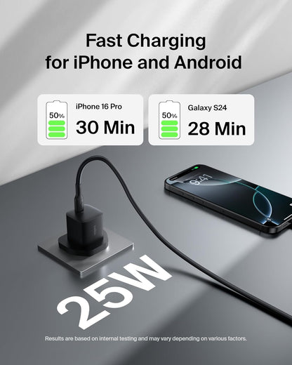 Belkin USB-C Plug 25W - USB-C Phone Charger PD 3.0 Fast Charging with PPS for Apple iPhone 16, iPhone 15 Plus, Pro, Pro Max, iPad Pro, Samsung Galaxy S25, Pixel 9, Nintendo Switch, & More