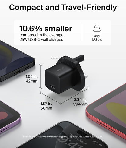 Belkin USB-C Plug 25W - USB-C Phone Charger PD 3.0 Fast Charging with PPS for Apple iPhone 16, iPhone 15 Plus, Pro, Pro Max, iPad Pro, Samsung Galaxy S25, Pixel 9, Nintendo Switch, & More