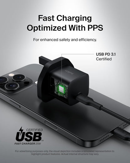 Belkin USB-C Plug 25W - USB-C Phone Charger PD 3.0 Fast Charging with PPS for Apple iPhone 16, iPhone 15 Plus, Pro, Pro Max, iPad Pro, Samsung Galaxy S25, Pixel 9, Nintendo Switch, & More
