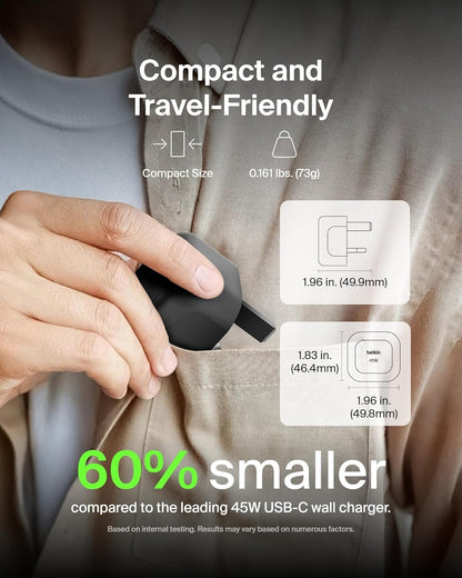Belkin Compact Wall Charger 45W, USB-C Power Delivery Fast Charging for Apple iPhone 16, 16 Plus, 16 Pro, 16 Pro Max, 15 Series, Samsung Galaxy S25, iPad, AirPods & More