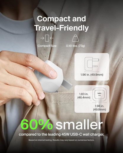 Belkin Compact Wall Charger 45W, USB-C Power Delivery Fast Charging for Apple iPhone 16, 16 Plus, 16 Pro, 16 Pro Max, 15 Series, Samsung Galaxy S25, iPad, AirPods & More