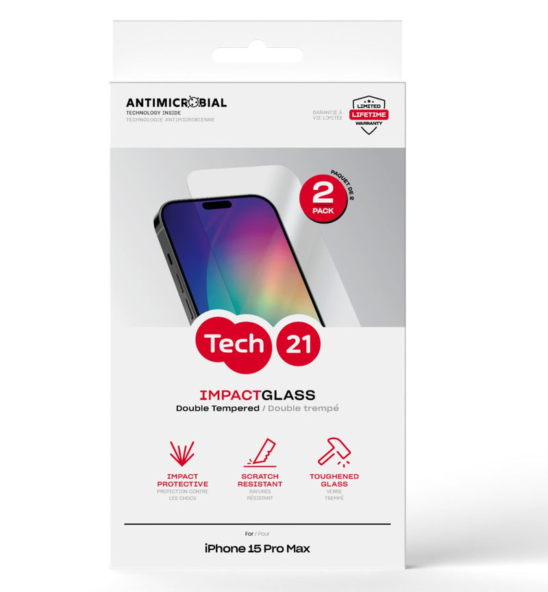Tech21 Impact Glass Screen Protector for iPhone 15 Pro Max - Pack of 2
