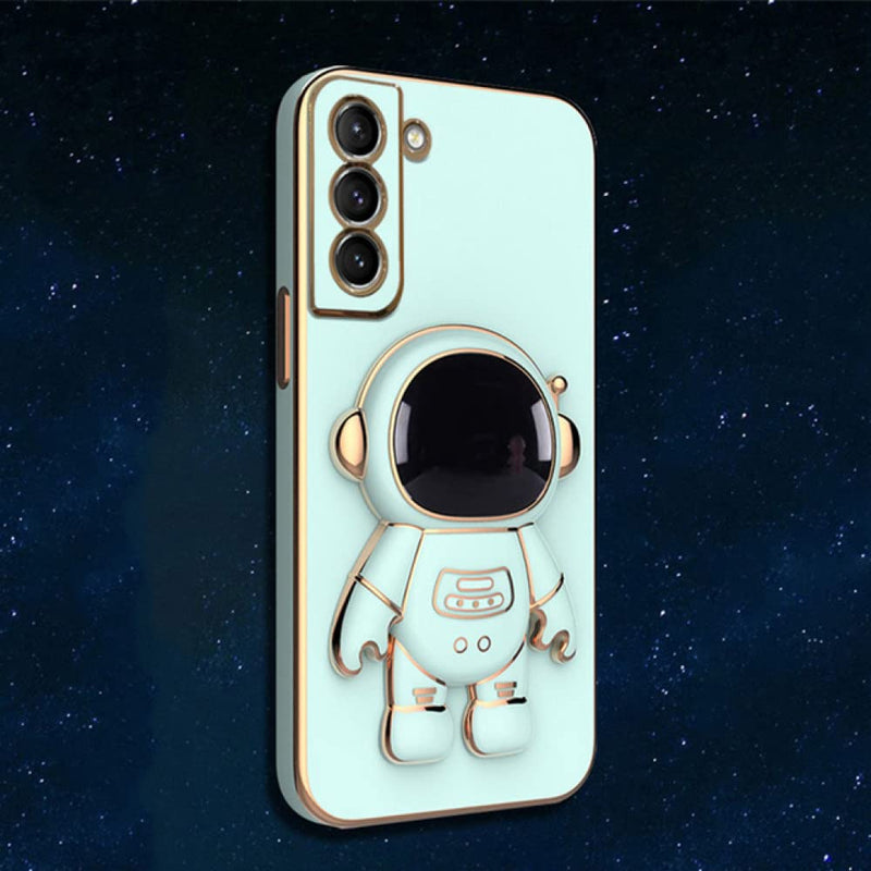 Plating Fold Stand Holder Phone Case for Samsung Galaxy S22 Ultra Note20 Note10 S21 Plus S20 FE A22 A32 A52 A72 Astronaut Cover, Mint, for S21 FE