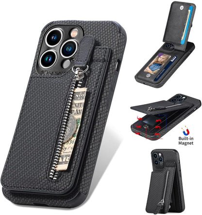 Zipper Cards Wallet Leather Phone Case For iPhone 13 12 Mini 11 Pro Max X XS XR 8 7 6 6S Plus SE 2020 Purse Card Holder Cover,Black,For iPhone SE 2020