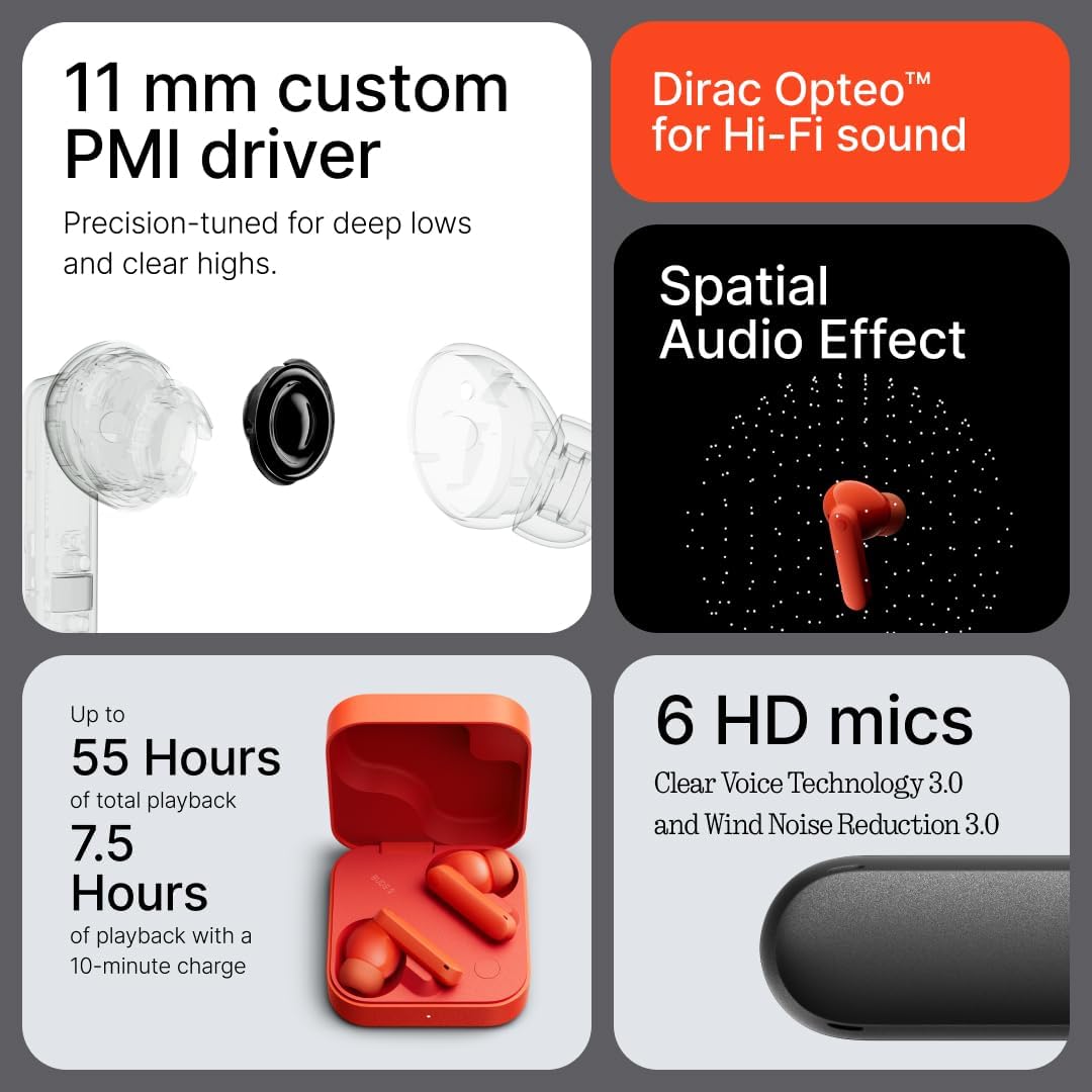 CMF Buds 2 Wireless Earbuds with 48 dB Hybrid ANC, 55-Hour Battery Life, 11mm PMI Driver, 6 HD mics and Spatial Audio, IP55 Dust & Water Resistance - Orange