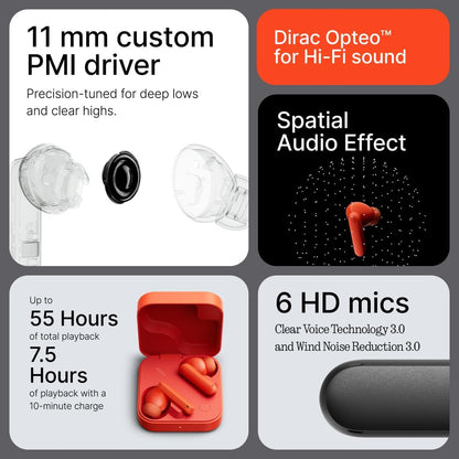 CMF Buds 2 Wireless Earbuds with 48 dB Hybrid ANC, 55-Hour Battery Life, 11mm PMI Driver, 6 HD mics and Spatial Audio, IP55 Dust & Water Resistance - Orange