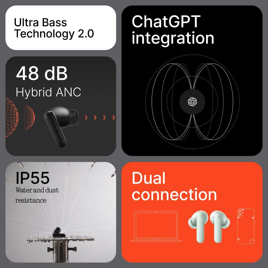 CMF Buds 2 Wireless Earbuds with 48 dB Hybrid ANC, 55-Hour Battery Life, 11mm PMI Driver, 6 HD mics and Spatial Audio, IP55 Dust & Water Resistance - Orange