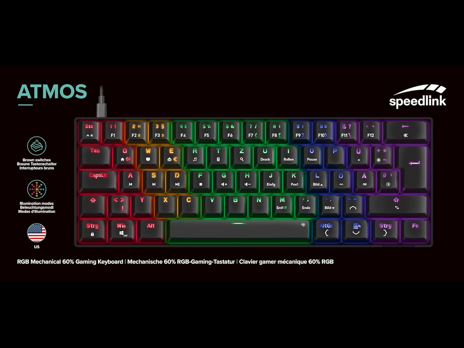 Speedlink - Atmos Rgb Rainbow Mechanical 60% Gaming Keyboard With Brown Switches, Black - Us Layout
