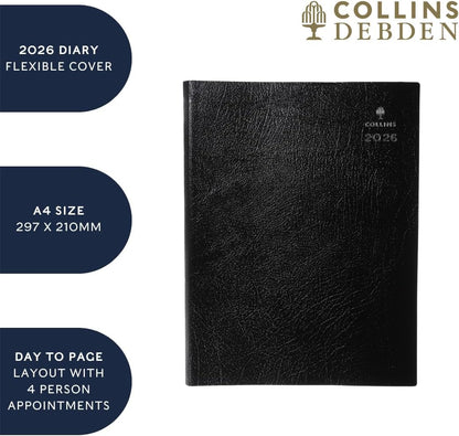 Collins - Leadership - 2026 12 Month Calendar Year Planner, Day-To-Page with 1/4 Hourly 4 Person Appointments Diary, A4 - Black (CP6742.99-26