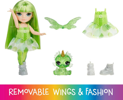 Rainbow High Littles Rainbow Fantasy Fairies & Pet - Emerald, Green - 14cm Posable Small Doll & Fantasy Dragon Pet with Interchangeable Fairy Wings, Cute Present for Children 4+