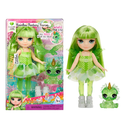Rainbow High Littles Rainbow Fantasy Fairies & Pet - Emerald, Green - 14cm Posable Small Doll & Fantasy Dragon Pet with Interchangeable Fairy Wings, Cute Present for Children 4+