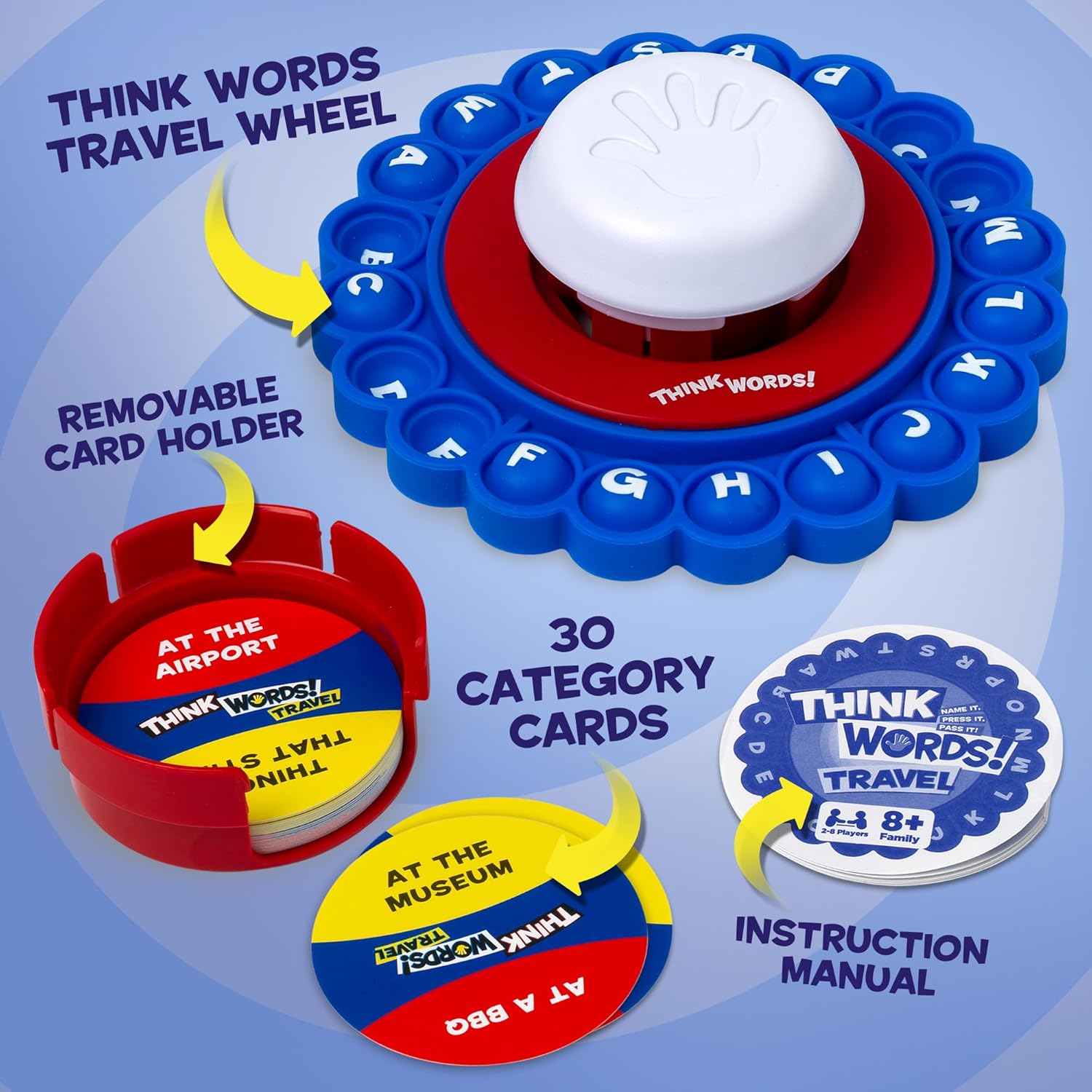 Think Words Travel Game: Choose a category, name an answer, pop the first letter, press the timer and pass it on! | Family Games | Travel Games | For 2-8 Players | Ages 8+