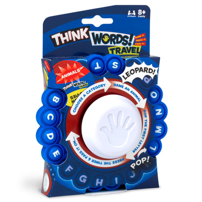 Think Words Travel Game: Choose a category, name an answer, pop the first letter, press the timer and pass it on! | Family Games | Travel Games | For 2-8 Players | Ages 8+