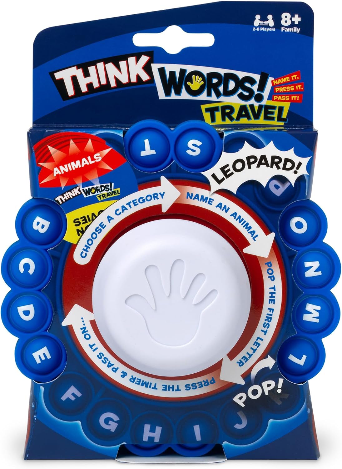 Think Words Travel Game: Choose a category, name an answer, pop the first letter, press the timer and pass it on! | Family Games | Travel Games | For 2-8 Players | Ages 8+