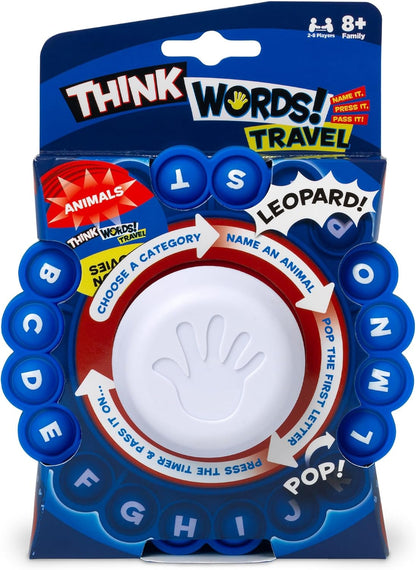 Think Words Travel Game: Choose a category, name an answer, pop the first letter, press the timer and pass it on! | Family Games | Travel Games | For 2-8 Players | Ages 8+