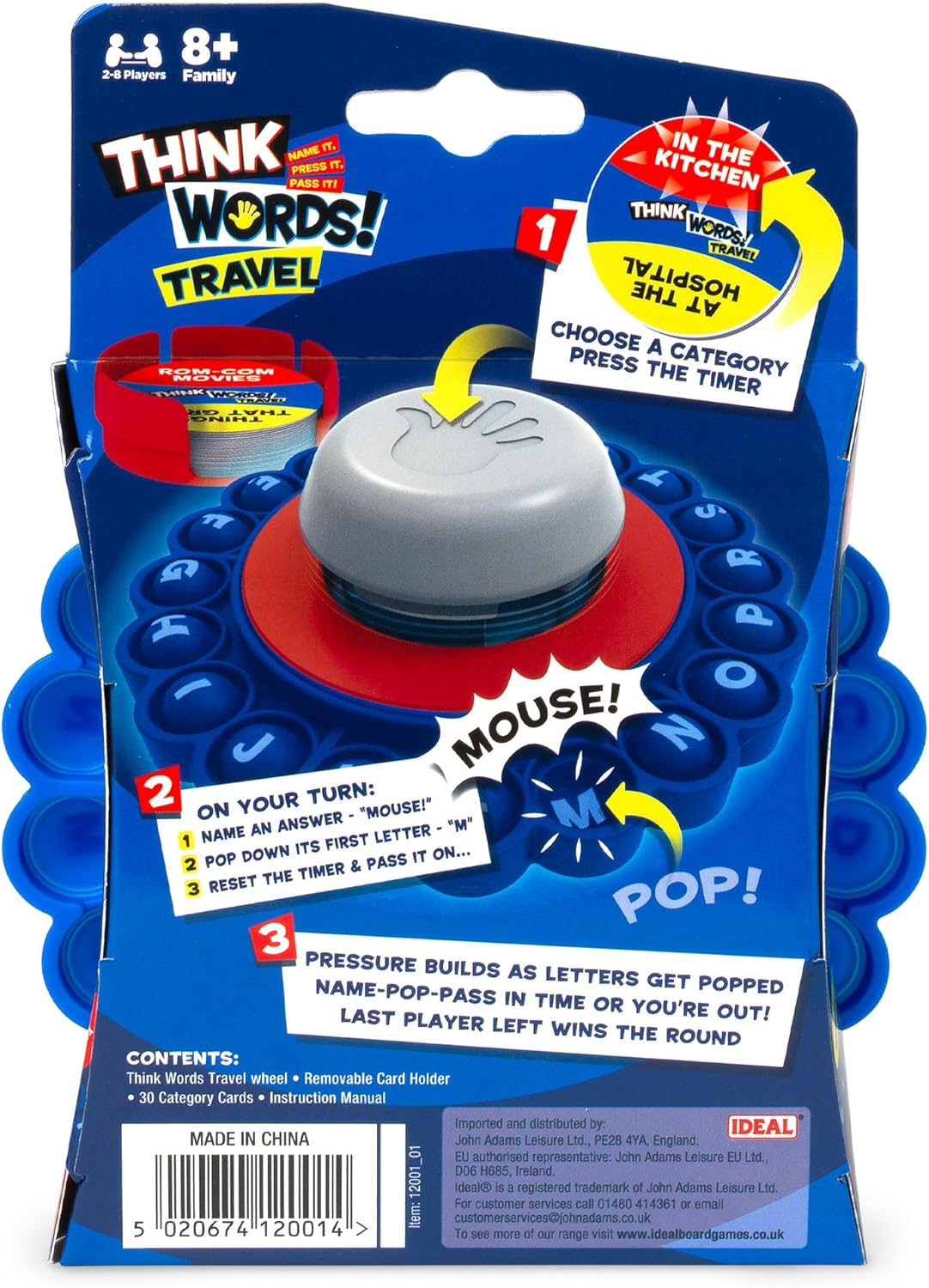 Think Words Travel Game: Choose a category, name an answer, pop the first letter, press the timer and pass it on! | Family Games | Travel Games | For 2-8 Players | Ages 8+
