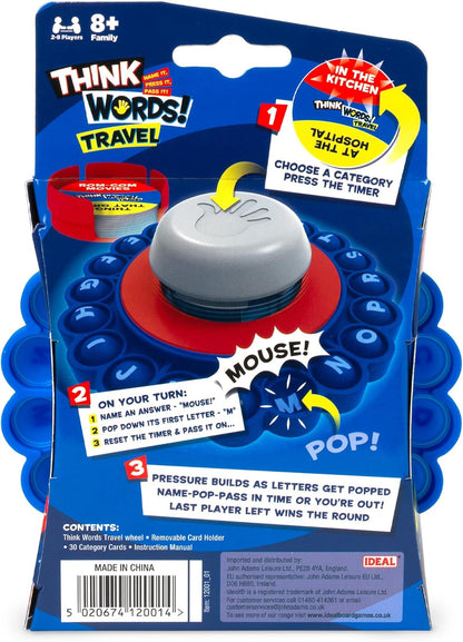 Think Words Travel Game: Choose a category, name an answer, pop the first letter, press the timer and pass it on! | Family Games | Travel Games | For 2-8 Players | Ages 8+
