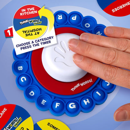 Think Words Travel Game: Choose a category, name an answer, pop the first letter, press the timer and pass it on! | Family Games | Travel Games | For 2-8 Players | Ages 8+