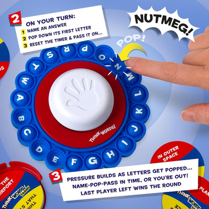 Think Words Travel Game: Choose a category, name an answer, pop the first letter, press the timer and pass it on! | Family Games | Travel Games | For 2-8 Players | Ages 8+