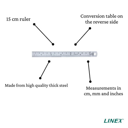 Linex Lxesl15 - Regla (acero inoxidable, sistema métrico e imperial, con tabla de conversión 150 mm