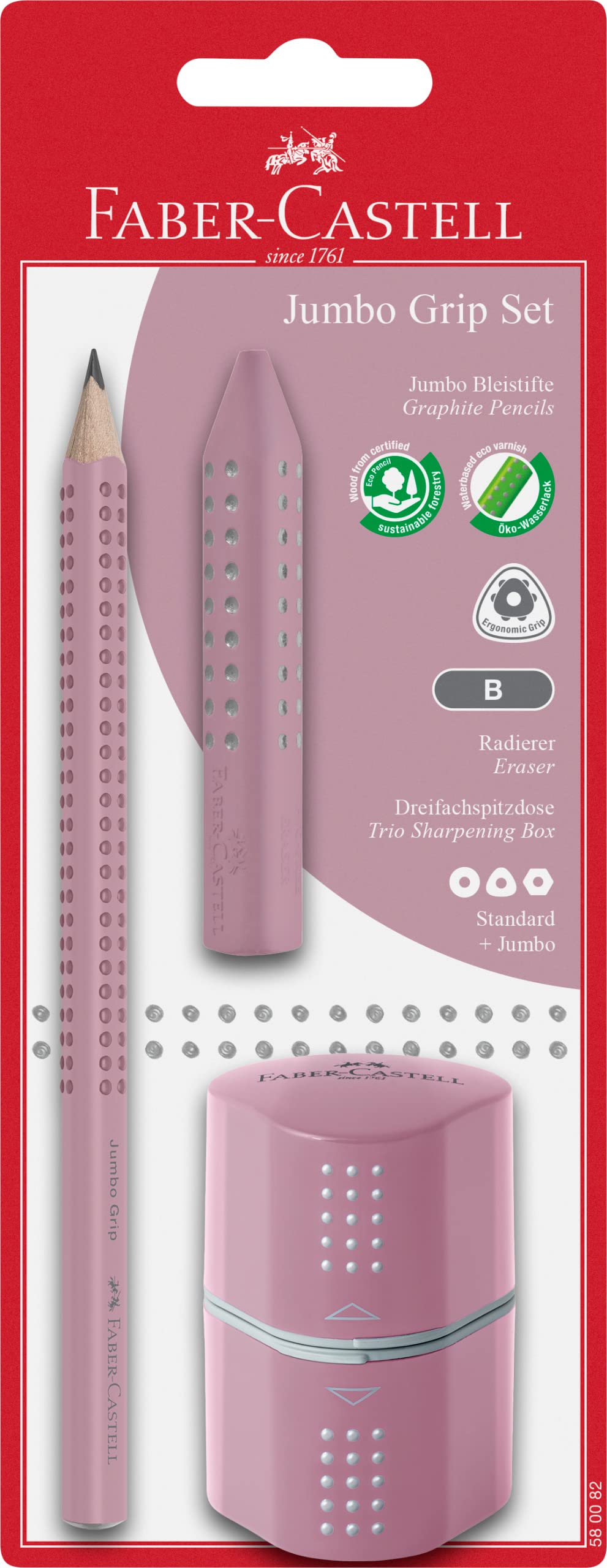 Faber-Castell Jumbo Grip 580082 Pencil Set with Pencil, Eraser and Triple Sharpener Tin, Rose Shadows, on Blister Card