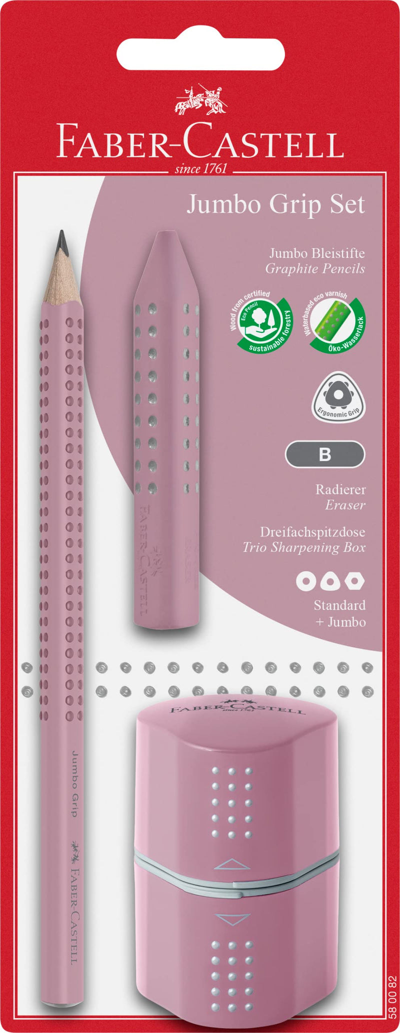 Faber-Castell Jumbo Grip 580082 Pencil Set with Pencil, Eraser and Triple Sharpener Tin, Rose Shadows, on Blister Card