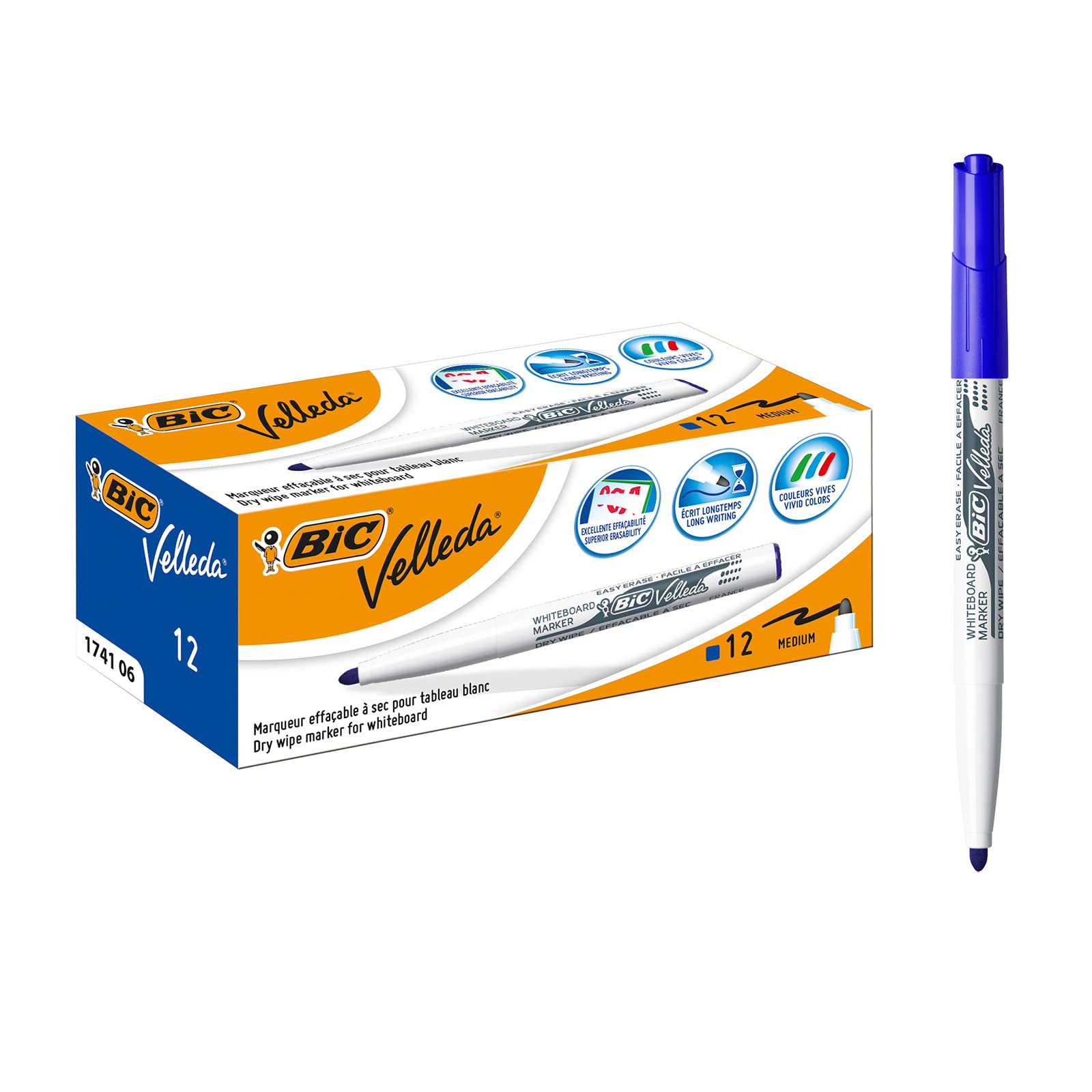 BIC VELLEDA 1741 Bullet Tip Pocket Cetone Whiteboard Marker 1.5mm Blue (Box 12