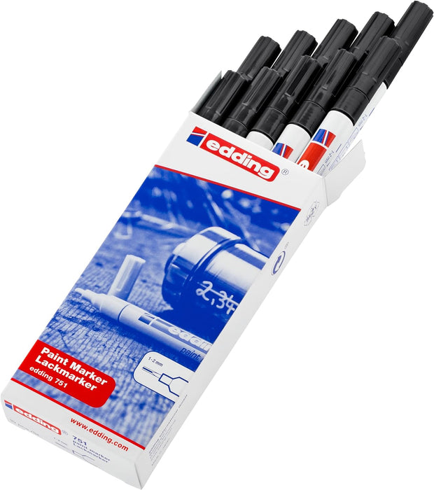 edding 751 paint marker - black - 10 pens - round tip 1-2 mm - paint marker for marking and labelling metal, glass, rocks or plastic - heat-resistant, permanent, smudge-proof and waterproof