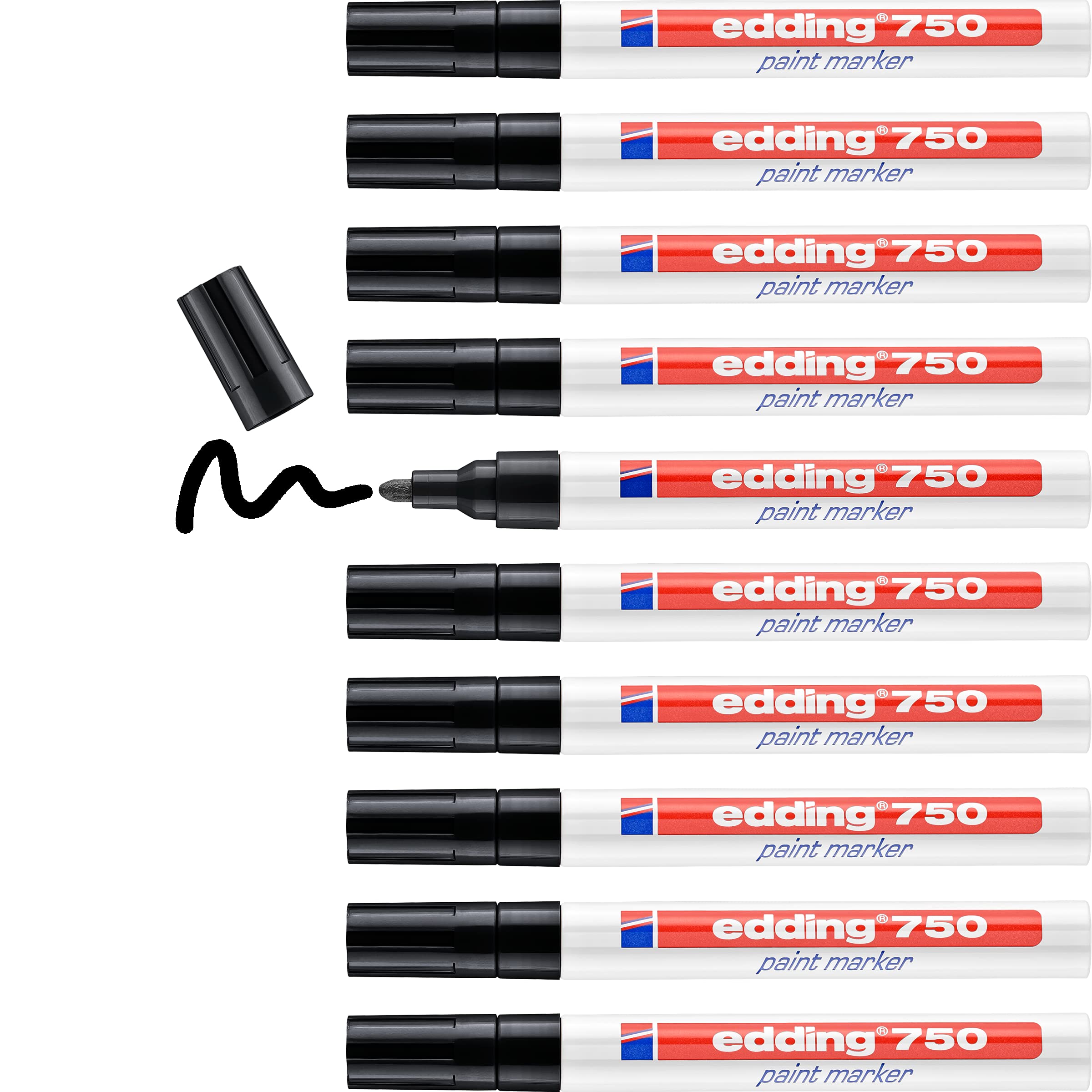 edding 750 paint marker - black - 10 pens - round tip 2-4 mm - paint marker for marking and labelling metal, glass, rocks or plastic - heat-resistant, permanent, smudge-proof and waterproof