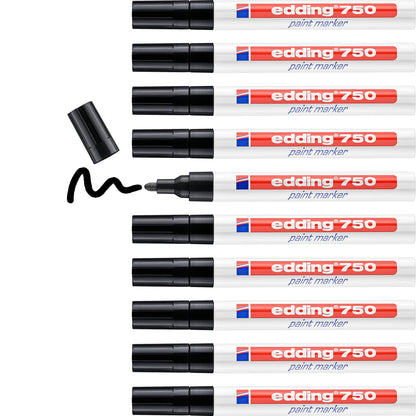 edding 750 paint marker - black - 10 pens - round tip 2-4 mm - paint marker for marking and labelling metal, glass, rocks or plastic - heat-resistant, permanent, smudge-proof and waterproof