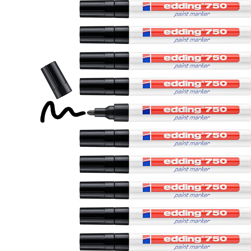 edding 750 paint marker - black - 10 pens - round tip 2-4 mm - paint marker for marking and labelling metal, glass, rocks or plastic - heat-resistant, permanent, smudge-proof and waterproof