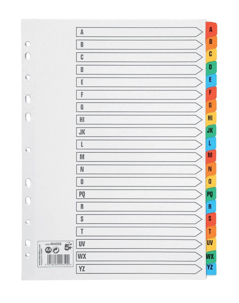5 Star Office Index 150gsm Card with Coloured Mylar Tabs A-Z A4 White