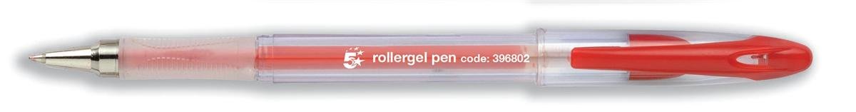 5 Star Office Roller Gel Pen Clear Barrel 1.0mm Tip 0.5mm Line Red