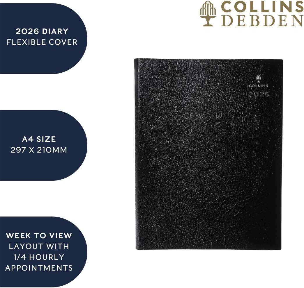 Collins - Leadership - 2026 12 Month Calendar Year Planner, Week-To-View with 1/4 Hourly Appointments Diary, A4 - Black (CP6740.99-26