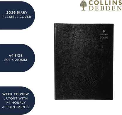 Collins - Leadership - 2026 12 Month Calendar Year Planner, Week-To-View with 1/4 Hourly Appointments Diary, A4 - Black (CP6740.99-26