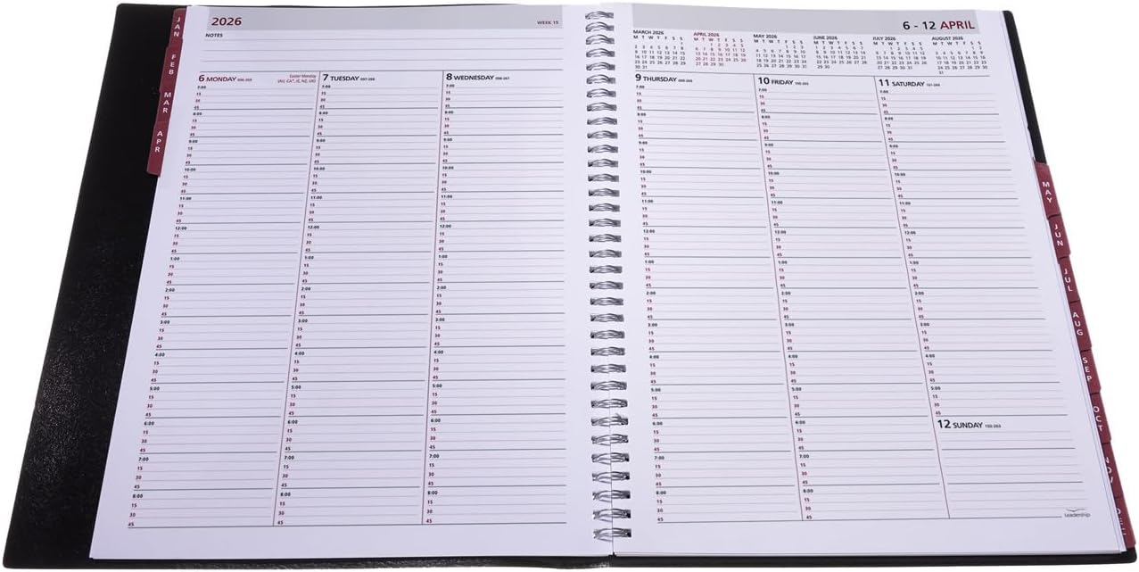 Collins - Leadership - 2026 12 Month Calendar Year Planner, Week-To-View with 1/4 Hourly Appointments Diary, A4 - Black (CP6740.99-26