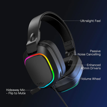 Gioteck TX5+ RGB Wired Headset Compatible with Switch, PS5, Xbox Series S |X, PC, Mobile – RGB Lighting – Flat Design – Passive Noise Cancellation – 3.5mm Jack (Black
