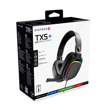 Gioteck TX5+ RGB Wired Headset Compatible with Switch, PS5, Xbox Series S |X, PC, Mobile – RGB Lighting – Flat Design – Passive Noise Cancellation – 3.5mm Jack (Black