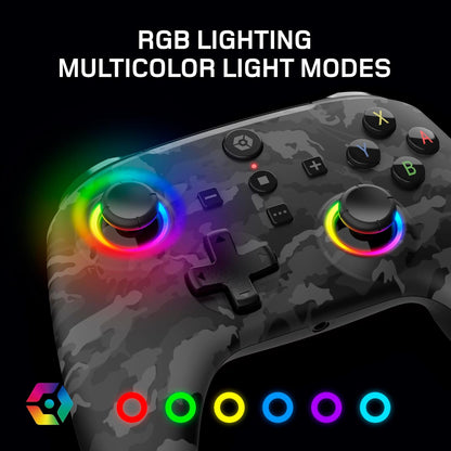 Gioteck WX5+ Dark Camo - Wireless Controller for Nintendo Switch 2 - Chat Menu Button - Hall Effect Thumbs and Triggers - Customisable RGB - Programmable Back Buttons