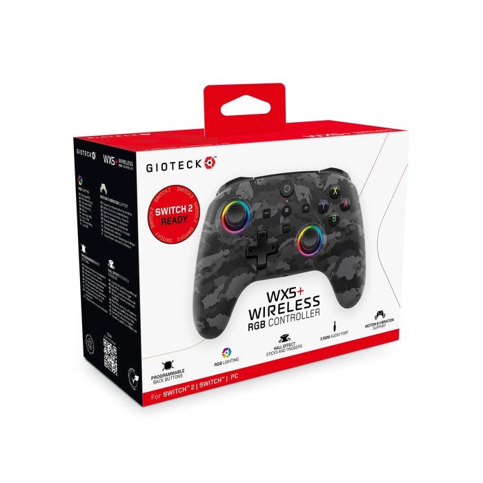 Gioteck WX5+ Dark Camo - Wireless Controller for Nintendo Switch 2 - Chat Menu Button - Hall Effect Thumbs and Triggers - Customisable RGB - Programmable Back Buttons