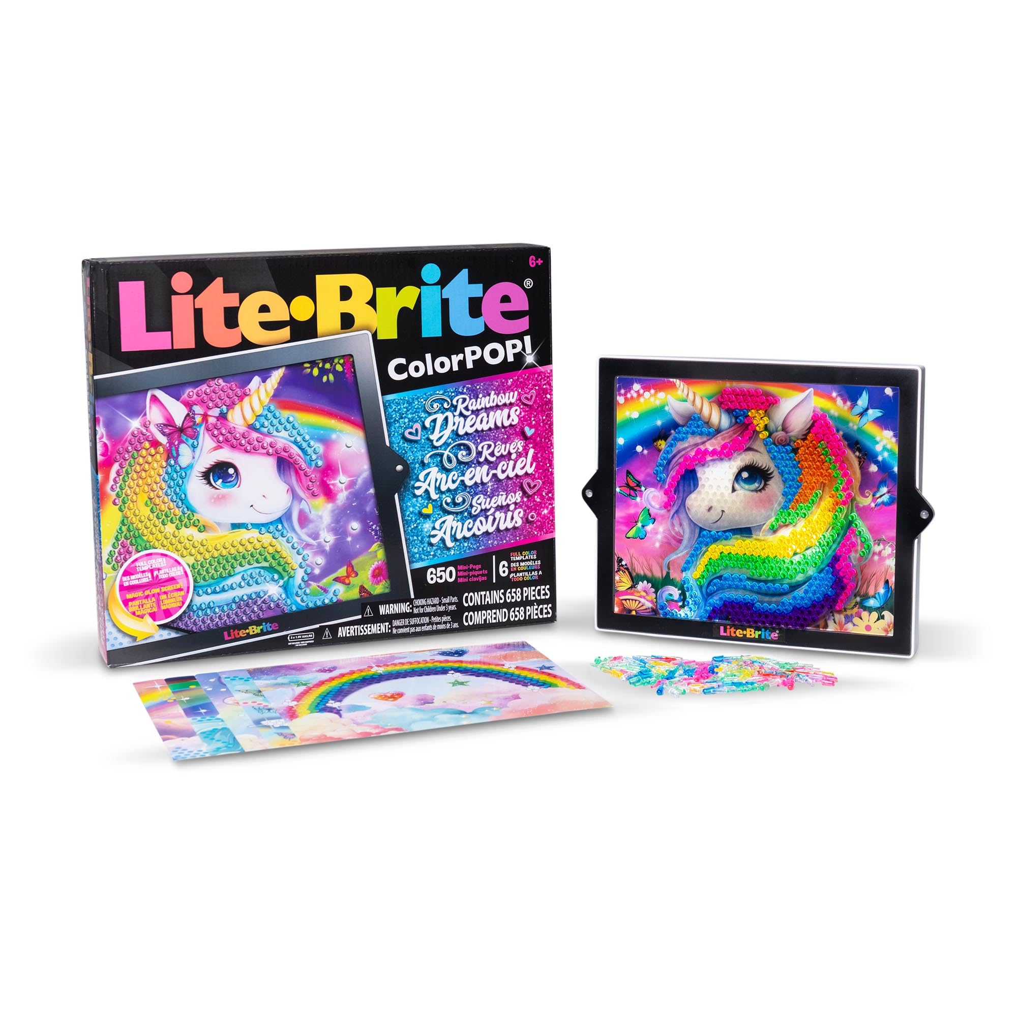 Basic Fun Lite-Brite Colour Pop Rainbow Dreams – Light-Up Creative Toy with 6 Templates, 650 Colourful Pegs & 4 Light Modes – Unicorn & Fairy-Themed HD Grid Art Set