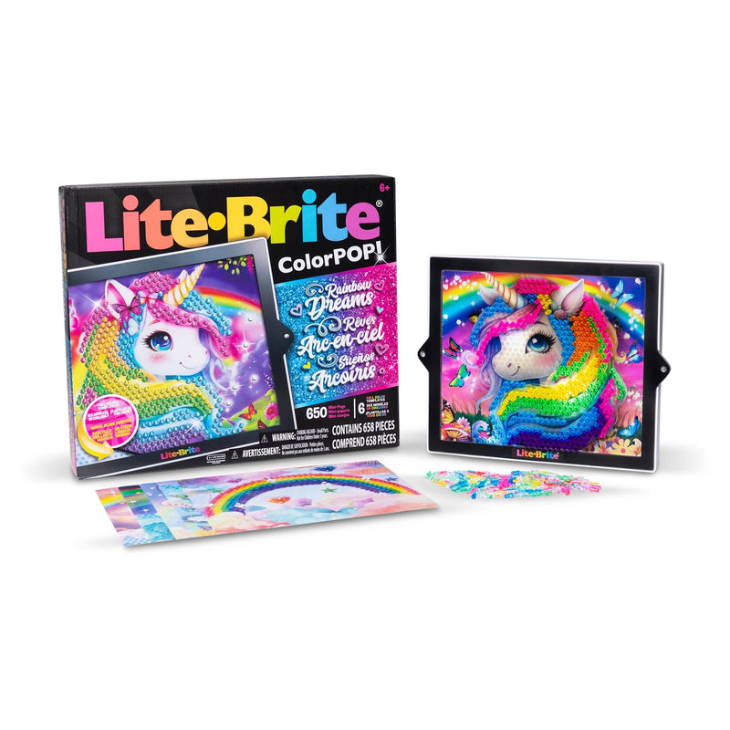 Basic Fun Lite-Brite Colour Pop Rainbow Dreams – Light-Up Creative Toy with 6 Templates, 650 Colourful Pegs & 4 Light Modes – Unicorn & Fairy-Themed HD Grid Art Set