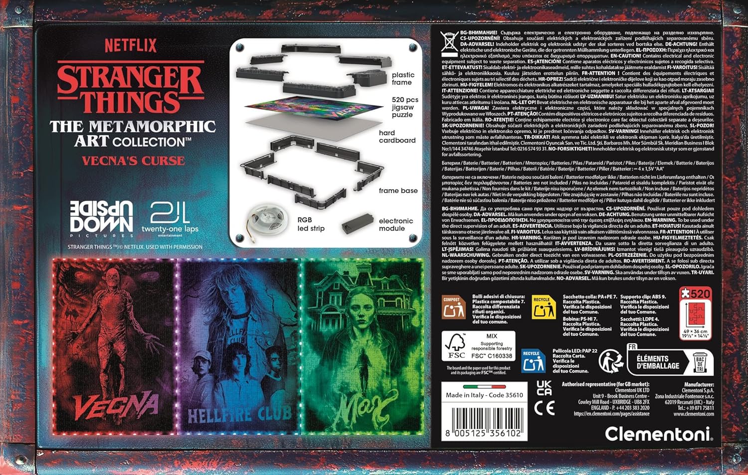 Clementoni - Stranger Things Metamorphic Art Collection - Vecna's Curse, Quadro Interattivo 520 Pezzi con Cornice e LED RGB, Illustrazione che Cambia con la Luce, Made in Italy, 35610