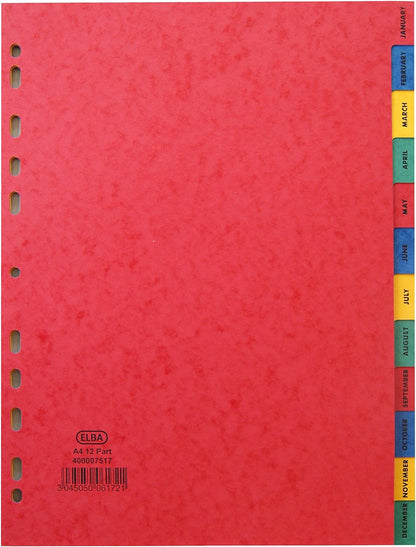 Elba A4 January to December Pressboard Dividers, Assorted Colours, 1 Set