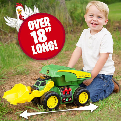 John Deere JD MAXX POWER 2‑in‑1 Lights & Sounds Dig Rig, Remote‑Control Front‑Loader & Dump Truck, LED Lights, Construction Sounds, Motorised Action, Big Tyres, Ages 3+
