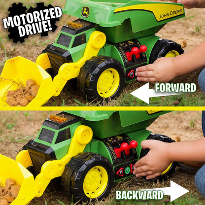 John Deere JD MAXX POWER 2‑in‑1 Lights & Sounds Dig Rig, Remote‑Control Front‑Loader & Dump Truck, LED Lights, Construction Sounds, Motorised Action, Big Tyres, Ages 3+