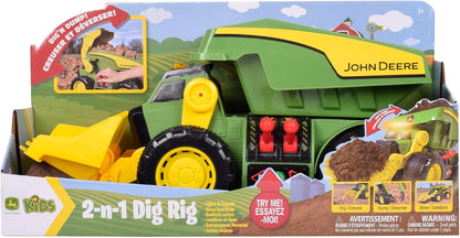 John Deere JD MAXX POWER 2‑in‑1 Lights & Sounds Dig Rig, Remote‑Control Front‑Loader & Dump Truck, LED Lights, Construction Sounds, Motorised Action, Big Tyres, Ages 3+