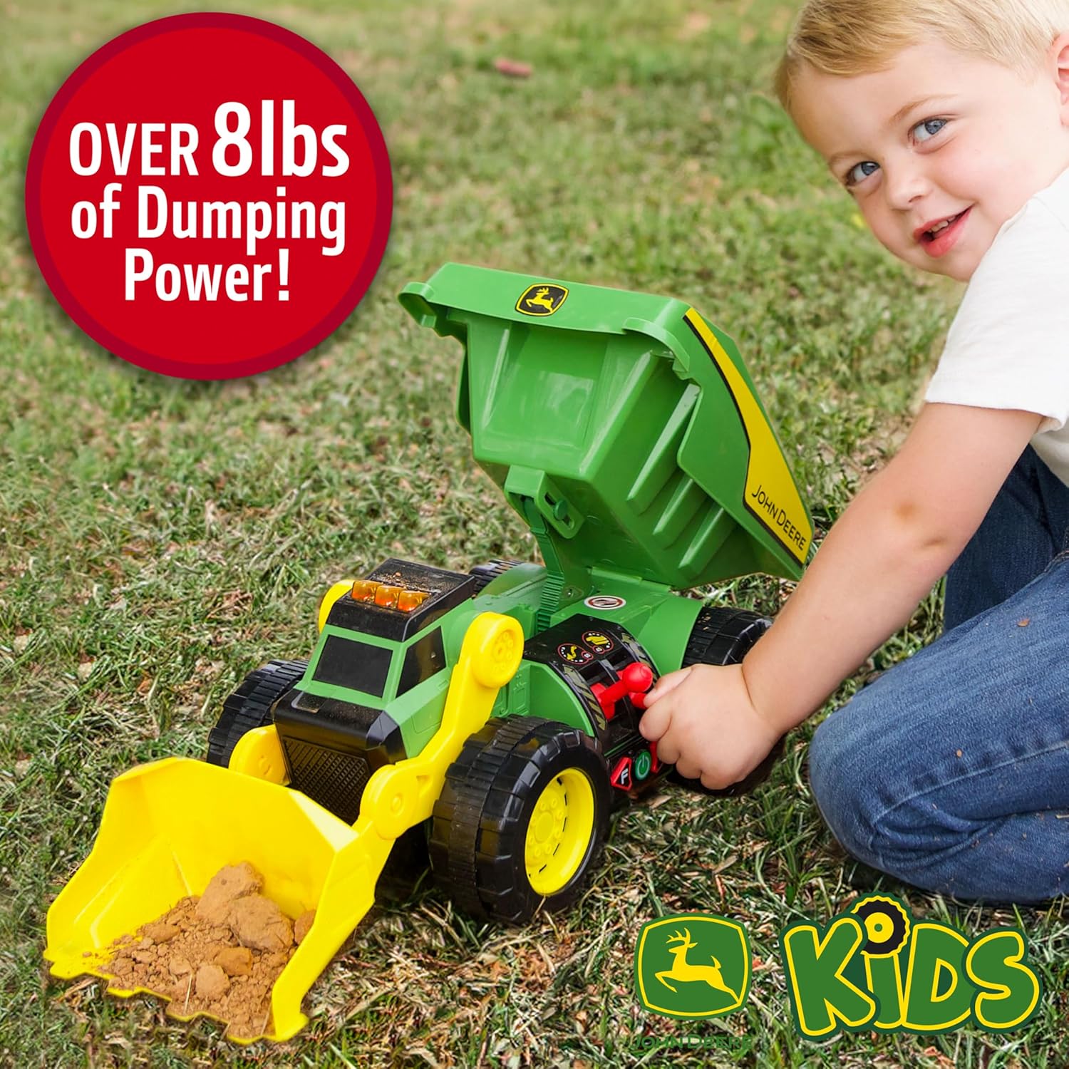 John Deere JD MAXX POWER 2‑in‑1 Lights & Sounds Dig Rig, Remote‑Control Front‑Loader & Dump Truck, LED Lights, Construction Sounds, Motorised Action, Big Tyres, Ages 3+