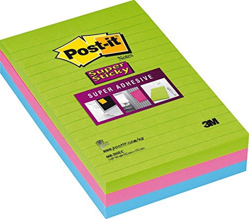 Post-it® Super Sticky Notes Lined Ultra Colours 3 Pads per pack 102x152mm